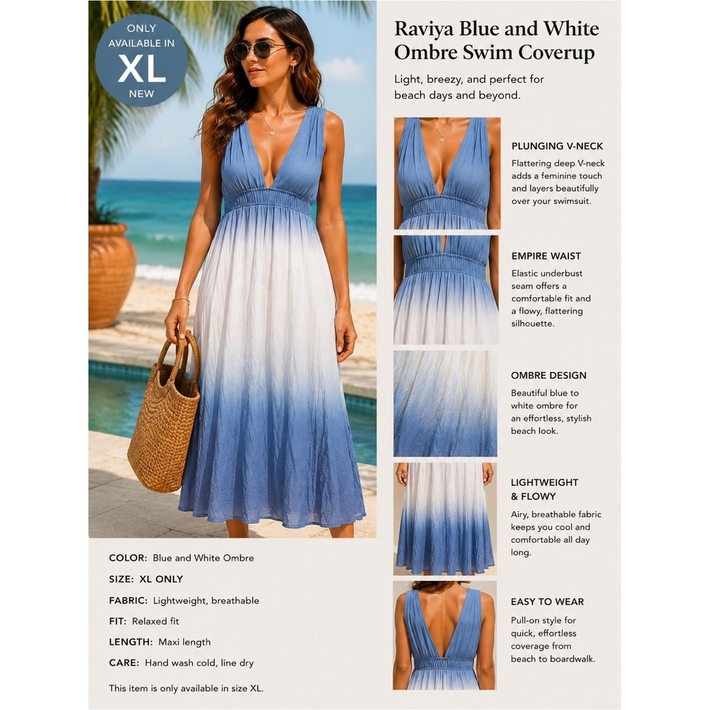 Raviya Blue‎ and White Ombre Swim Coverup NEW XL